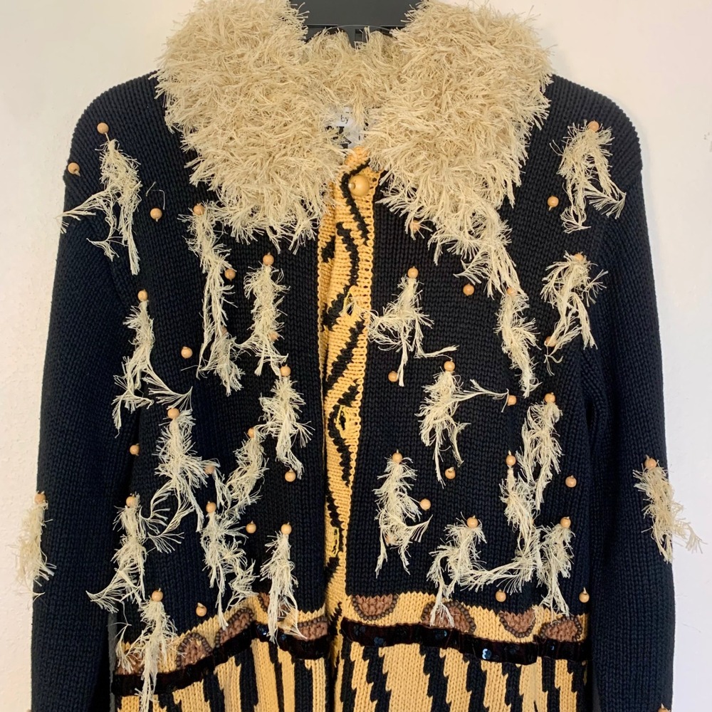Storybook Knits Wildlife Expressions Tiger Print Faux Fur Trim Cardigan XS Black